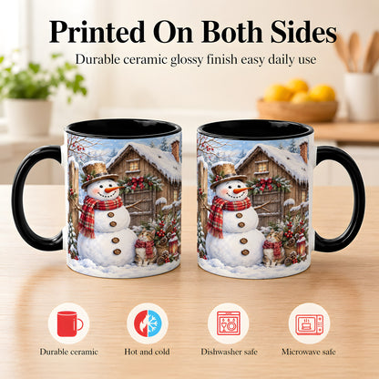 #pl[11oz|Black] Snowman and Cat Coffee Mug, Cozy Winter Cabin Mug, Ceramic Cup
