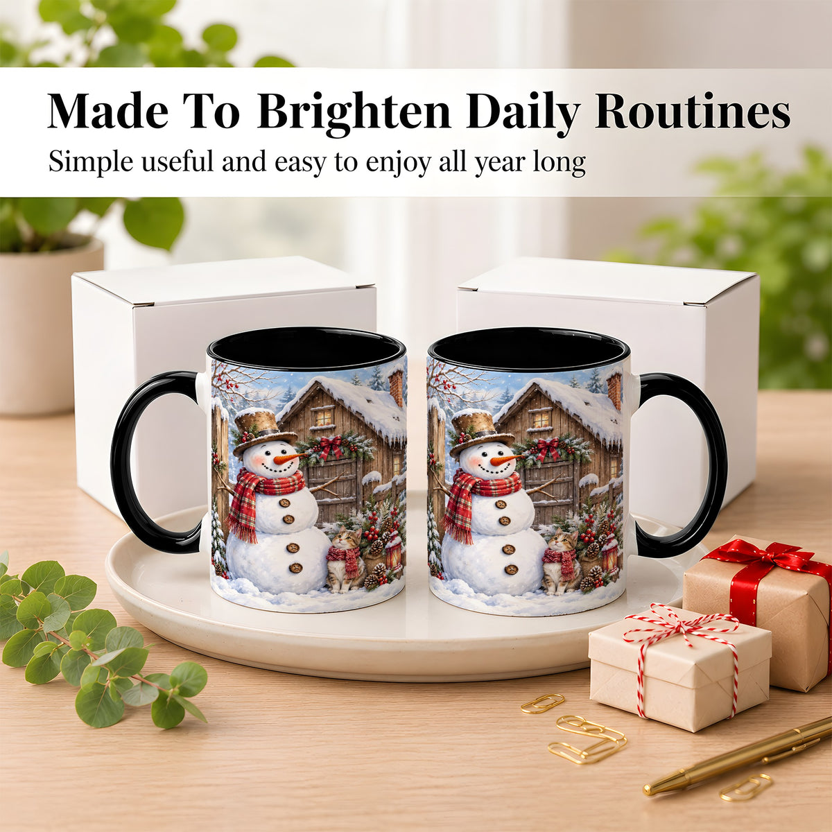 #pl[11oz|Black] Snowman and Cat Coffee Mug, Cozy Winter Cabin Mug, Ceramic Cup