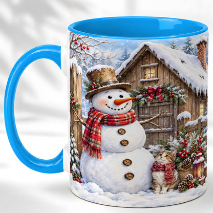 #pl[11oz|Blue] Snowman and Cat Coffee Mug, Cozy Winter Cabin Mug, Ceramic Cup