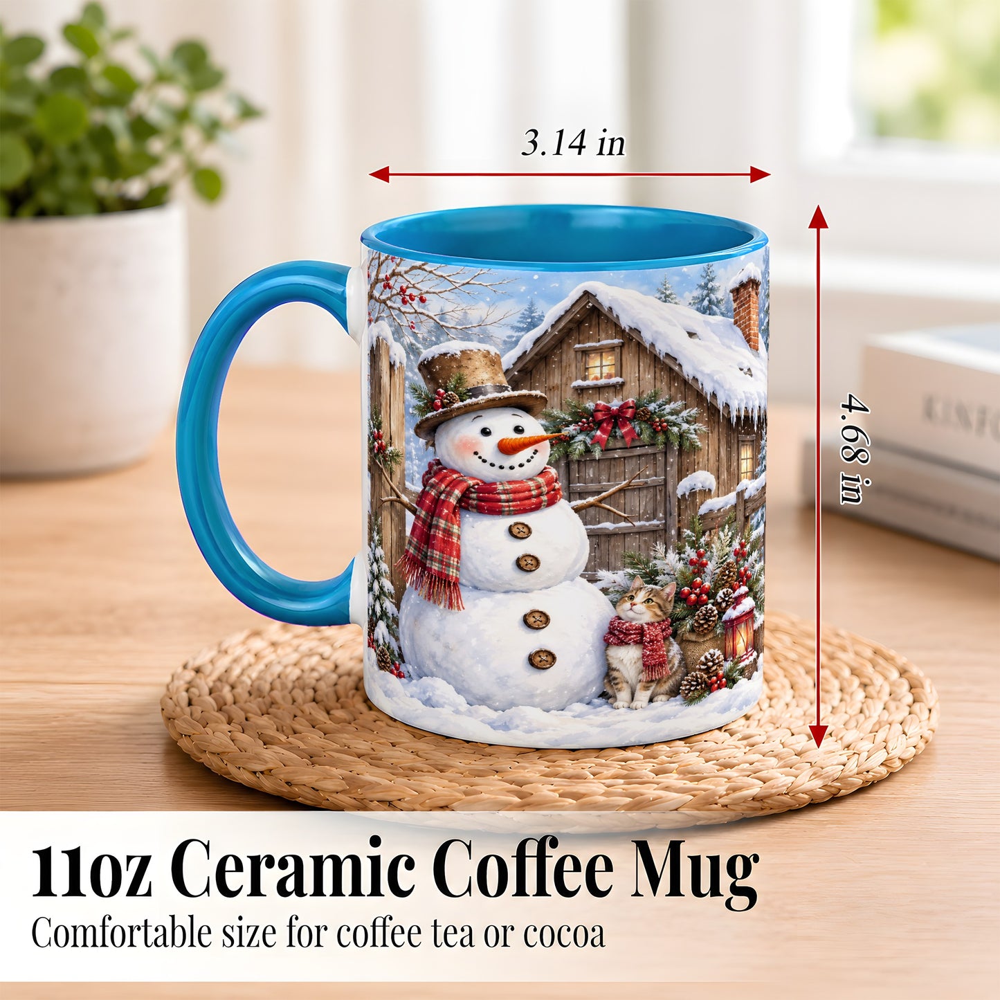 #pl[11oz|Blue] Snowman and Cat Coffee Mug, Cozy Winter Cabin Mug, Ceramic Cup