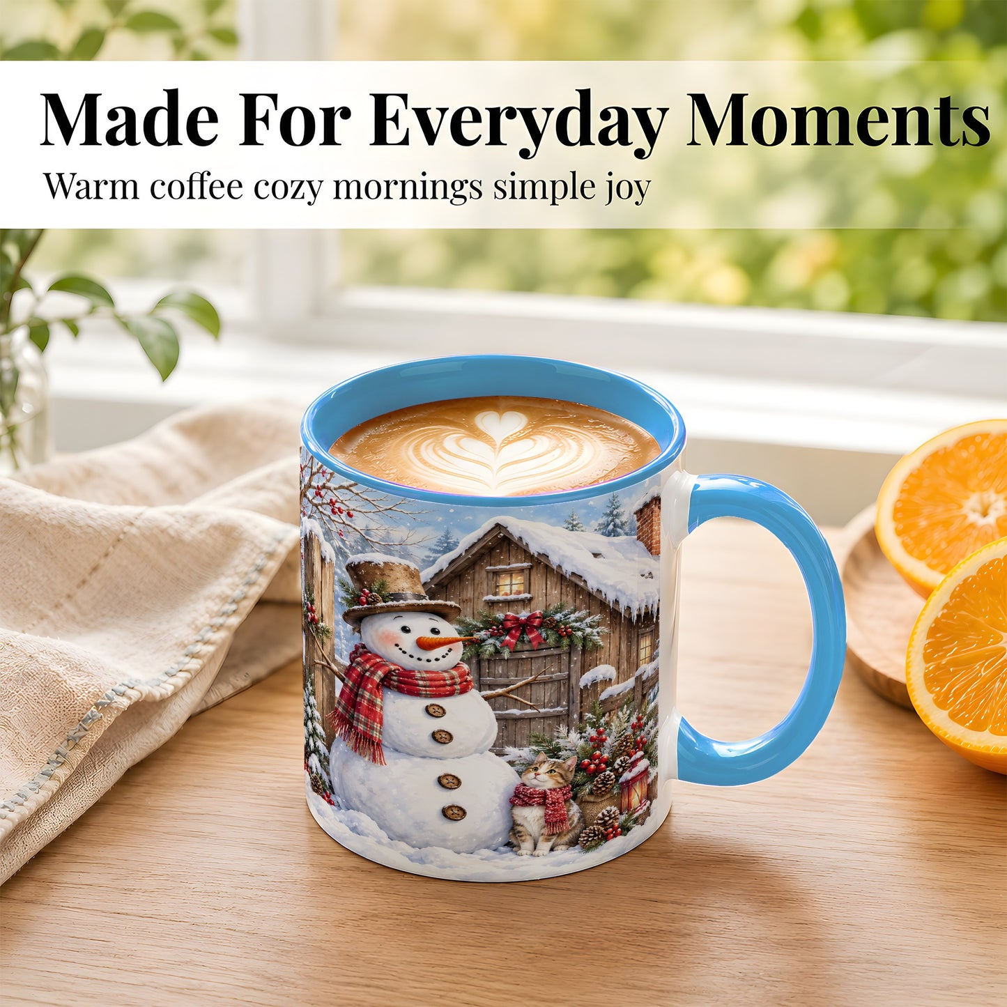 #pl[11oz|Blue] Snowman and Cat Coffee Mug, Cozy Winter Cabin Mug, Ceramic Cup