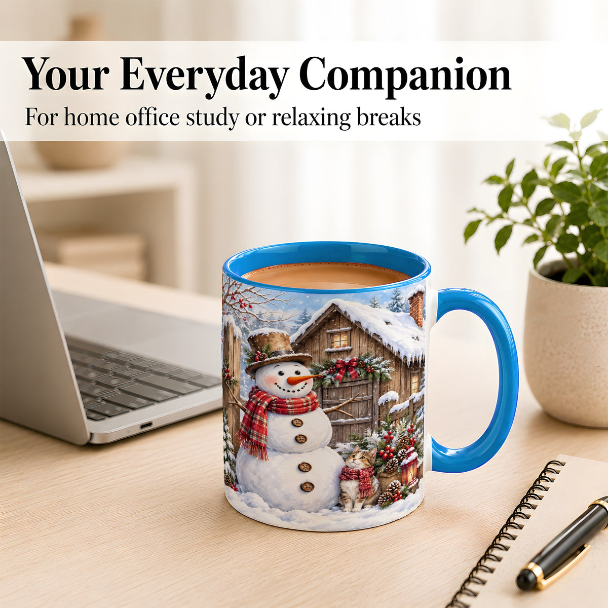 #pl[11oz|Blue] Snowman and Cat Coffee Mug, Cozy Winter Cabin Mug, Ceramic Cup