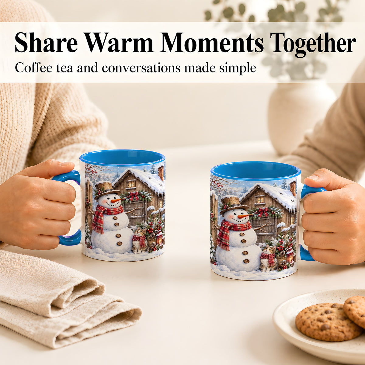 #pl[11oz|Blue] Snowman and Cat Coffee Mug, Cozy Winter Cabin Mug, Ceramic Cup