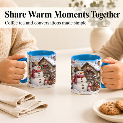 #pl[11oz|Blue] Snowman and Cat Coffee Mug, Cozy Winter Cabin Mug, Ceramic Cup