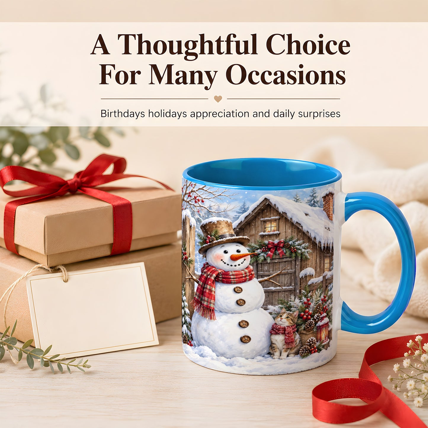 #pl[11oz|Blue] Snowman and Cat Coffee Mug, Cozy Winter Cabin Mug, Ceramic Cup