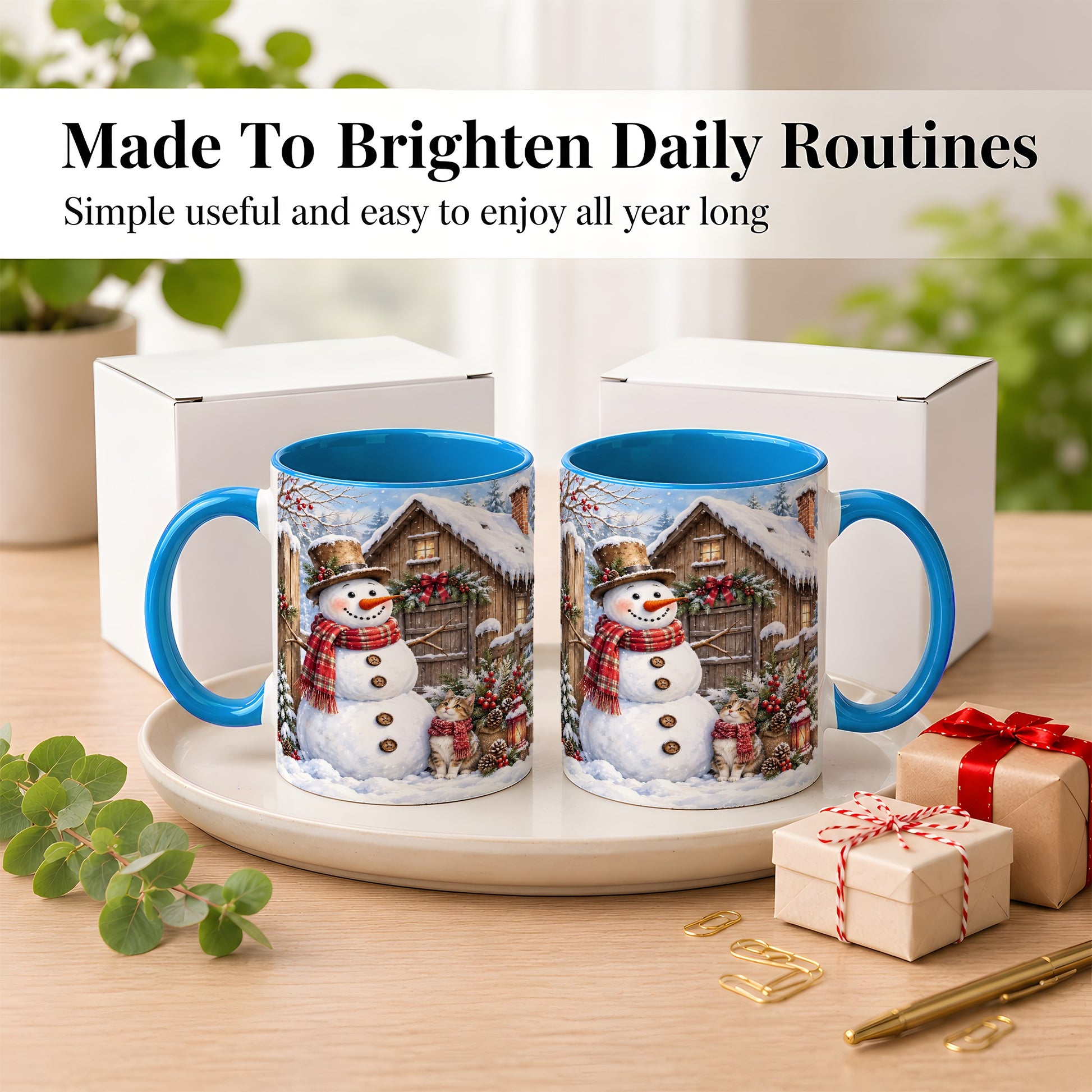 #pl[11oz|Blue] Snowman and Cat Coffee Mug, Cozy Winter Cabin Mug, Ceramic Cup