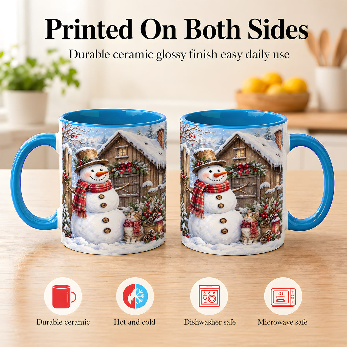 #pl[11oz|Blue] Snowman and Cat Coffee Mug, Cozy Winter Cabin Mug, Ceramic Cup