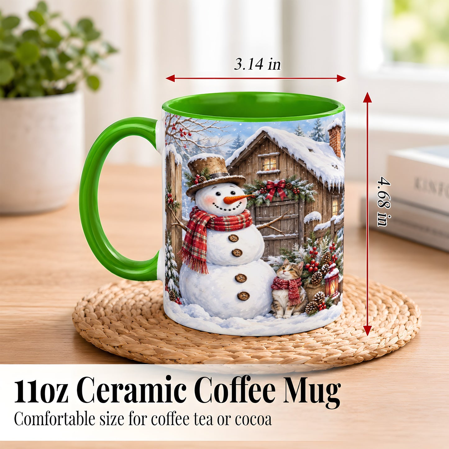 #pl[11oz|Green] Snowman and Cat Coffee Mug, Cozy Winter Cabin Mug, Ceramic Cup