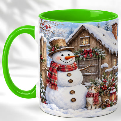 #pl[11oz|Green] Snowman and Cat Coffee Mug, Cozy Winter Cabin Mug, Ceramic Cup