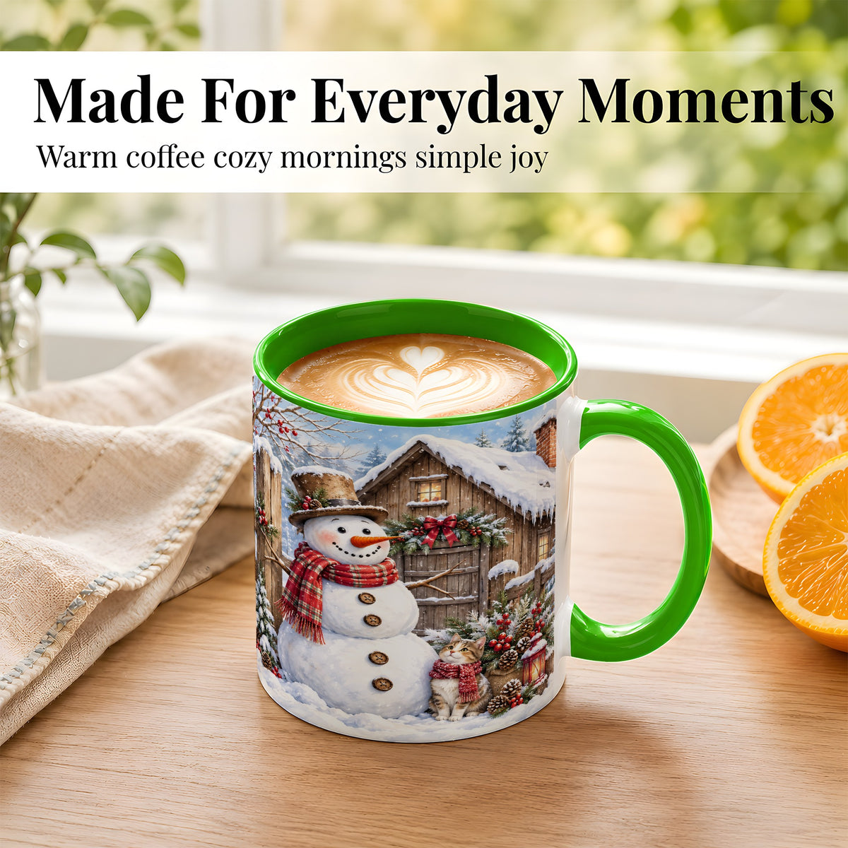 #pl[11oz|Green] Snowman and Cat Coffee Mug, Cozy Winter Cabin Mug, Ceramic Cup