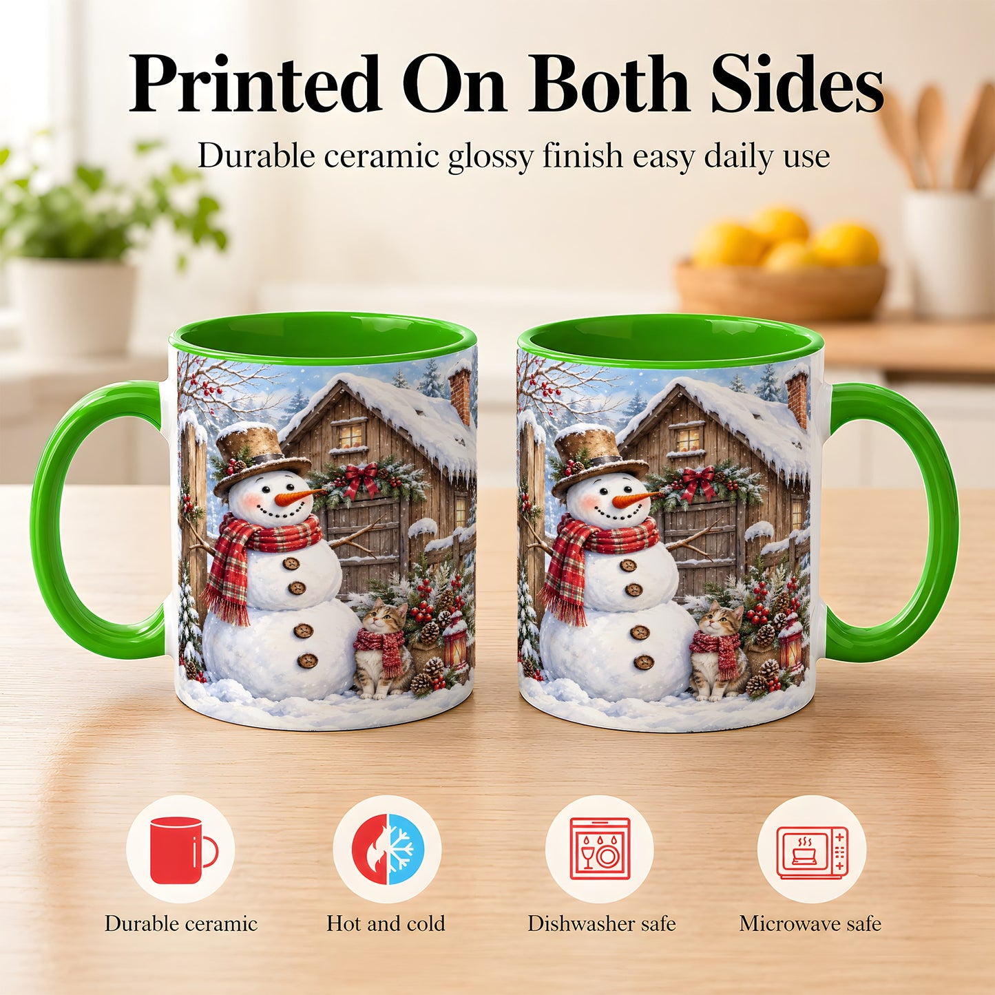 #pl[11oz|Green] Snowman and Cat Coffee Mug, Cozy Winter Cabin Mug, Ceramic Cup