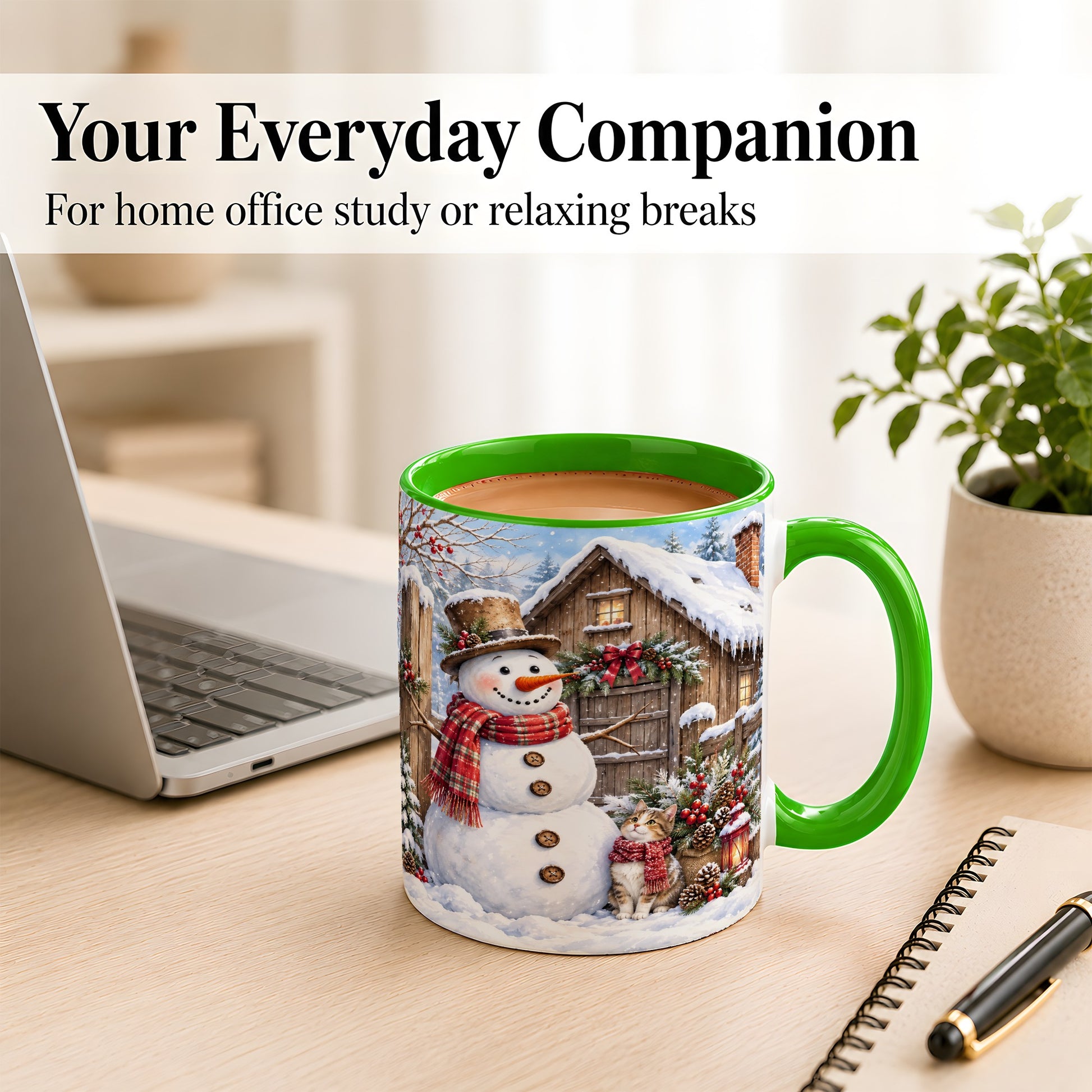#pl[11oz|Green] Snowman and Cat Coffee Mug, Cozy Winter Cabin Mug, Ceramic Cup