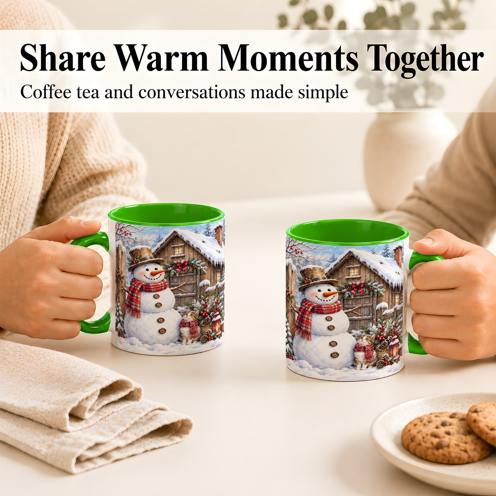 #pl[11oz|Green] Snowman and Cat Coffee Mug, Cozy Winter Cabin Mug, Ceramic Cup