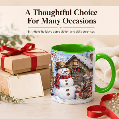 #pl[11oz|Green] Snowman and Cat Coffee Mug, Cozy Winter Cabin Mug, Ceramic Cup