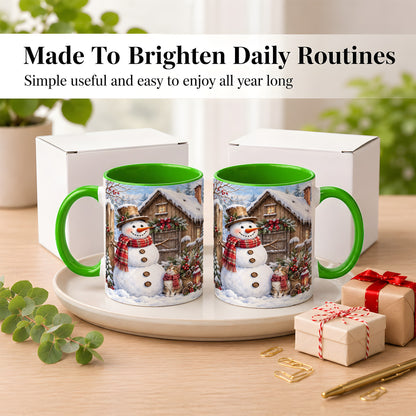 #pl[11oz|Green] Snowman and Cat Coffee Mug, Cozy Winter Cabin Mug, Ceramic Cup
