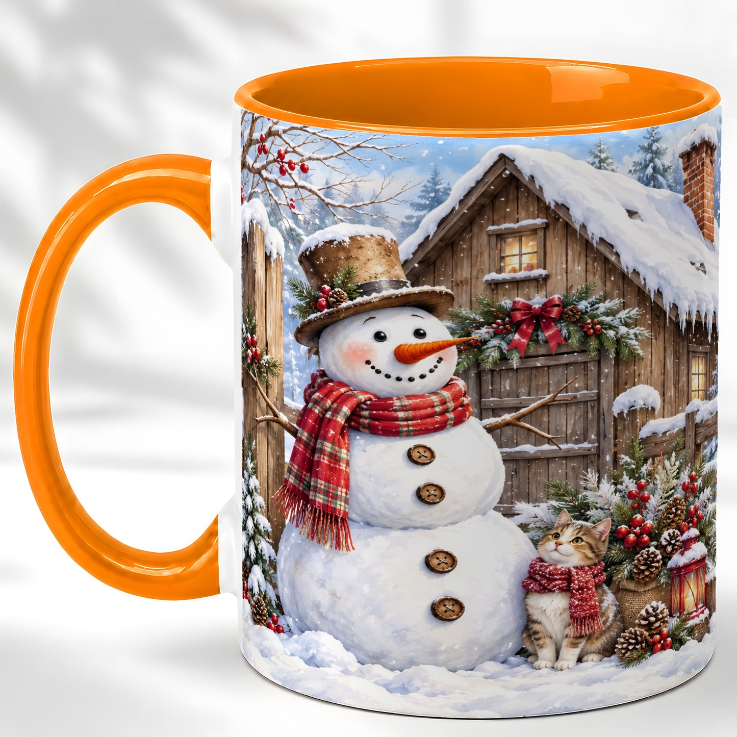 #pl[11oz|Orange] Snowman and Cat Coffee Mug, Cozy Winter Cabin Mug, Ceramic Cup