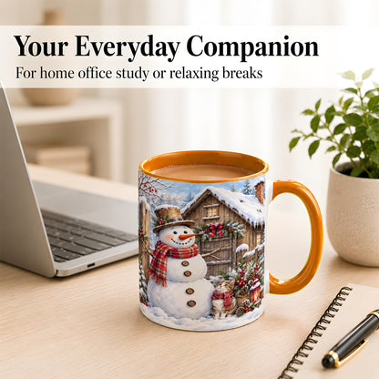 #pl[11oz|Orange] Snowman and Cat Coffee Mug, Cozy Winter Cabin Mug, Ceramic Cup
