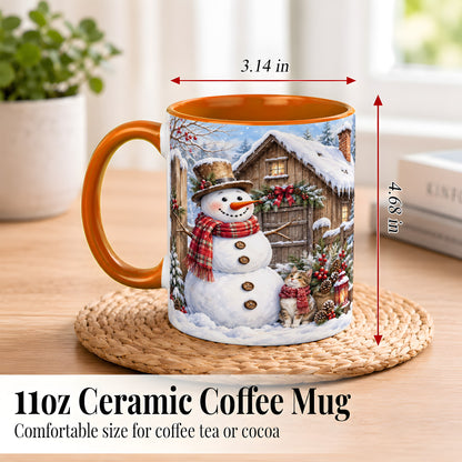 #pl[11oz|Orange] Snowman and Cat Coffee Mug, Cozy Winter Cabin Mug, Ceramic Cup