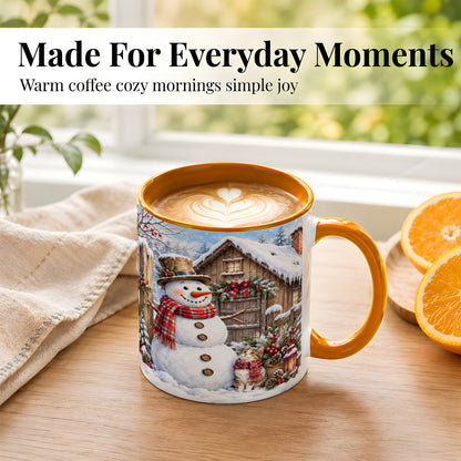 #pl[11oz|Orange] Snowman and Cat Coffee Mug, Cozy Winter Cabin Mug, Ceramic Cup