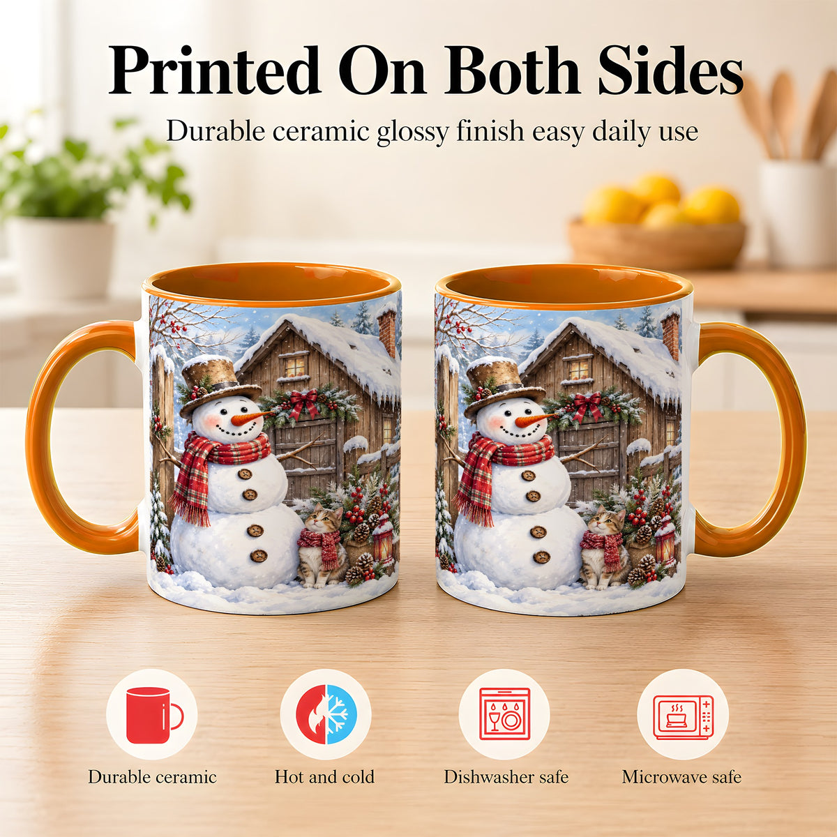 #pl[11oz|Orange] Snowman and Cat Coffee Mug, Cozy Winter Cabin Mug, Ceramic Cup