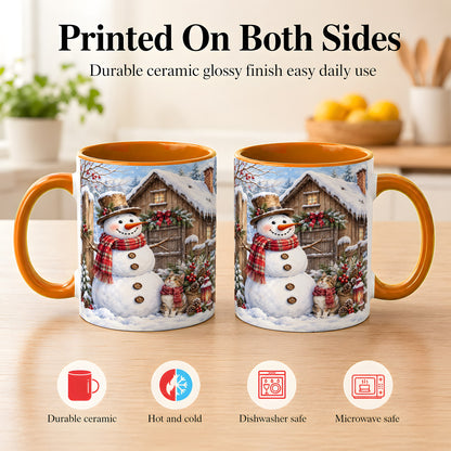 #pl[11oz|Orange] Snowman and Cat Coffee Mug, Cozy Winter Cabin Mug, Ceramic Cup