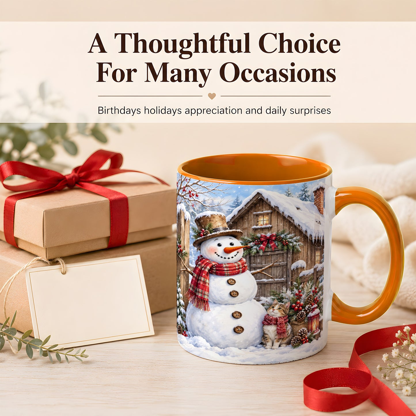 #pl[11oz|Orange] Snowman and Cat Coffee Mug, Cozy Winter Cabin Mug, Ceramic Cup