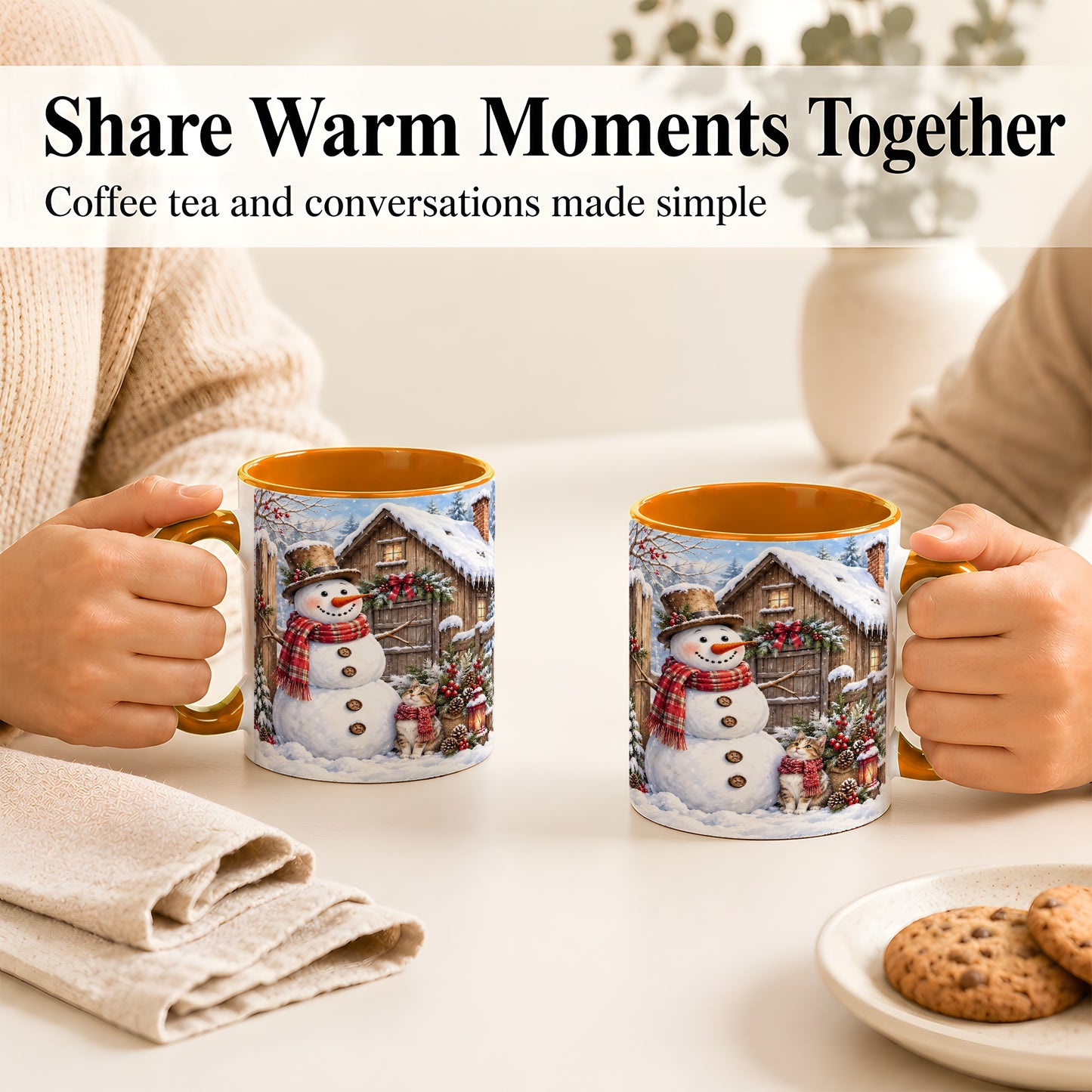 #pl[11oz|Orange] Snowman and Cat Coffee Mug, Cozy Winter Cabin Mug, Ceramic Cup