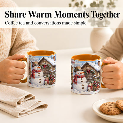 #pl[11oz|Orange] Snowman and Cat Coffee Mug, Cozy Winter Cabin Mug, Ceramic Cup