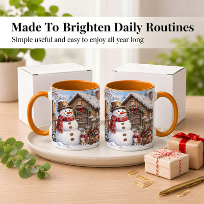 #pl[11oz|Orange] Snowman and Cat Coffee Mug, Cozy Winter Cabin Mug, Ceramic Cup