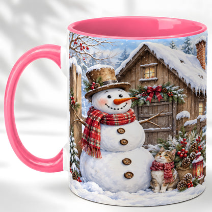 #pl[11oz|Pink] Snowman and Cat Coffee Mug, Cozy Winter Cabin Mug, Ceramic Cup
