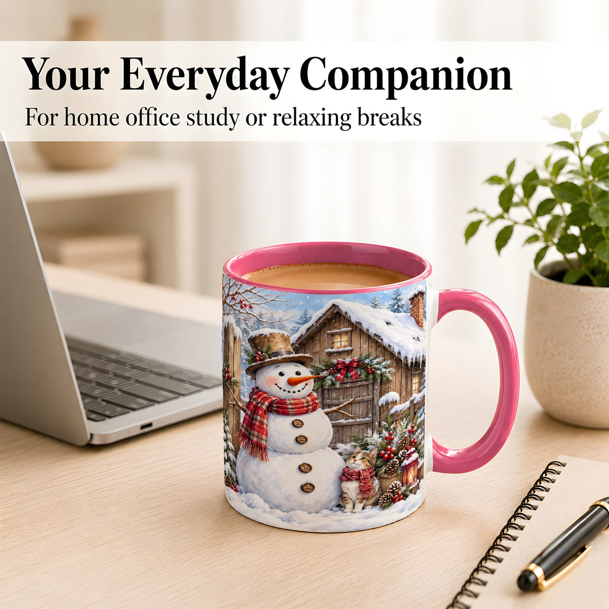 #pl[11oz|Pink] Snowman and Cat Coffee Mug, Cozy Winter Cabin Mug, Ceramic Cup