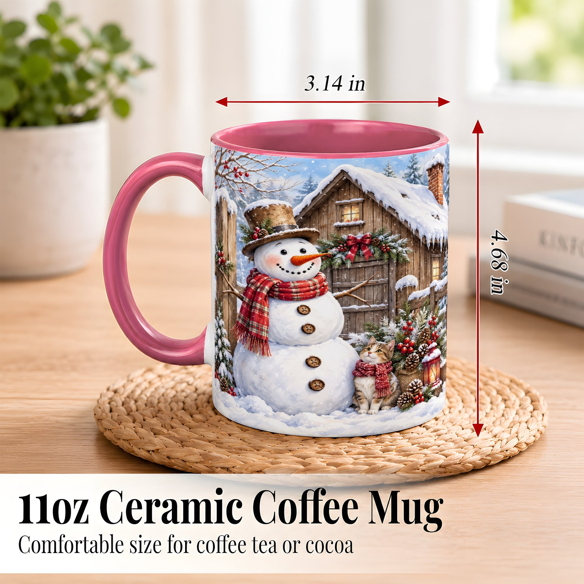 #pl[11oz|Pink] Snowman and Cat Coffee Mug, Cozy Winter Cabin Mug, Ceramic Cup