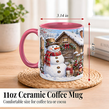 #pl[11oz|Pink] Snowman and Cat Coffee Mug, Cozy Winter Cabin Mug, Ceramic Cup