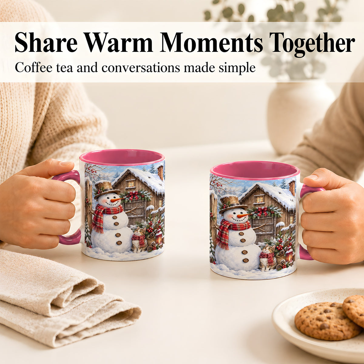 #pl[11oz|Pink] Snowman and Cat Coffee Mug, Cozy Winter Cabin Mug, Ceramic Cup