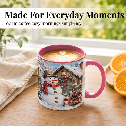 #pl[11oz|Pink] Snowman and Cat Coffee Mug, Cozy Winter Cabin Mug, Ceramic Cup
