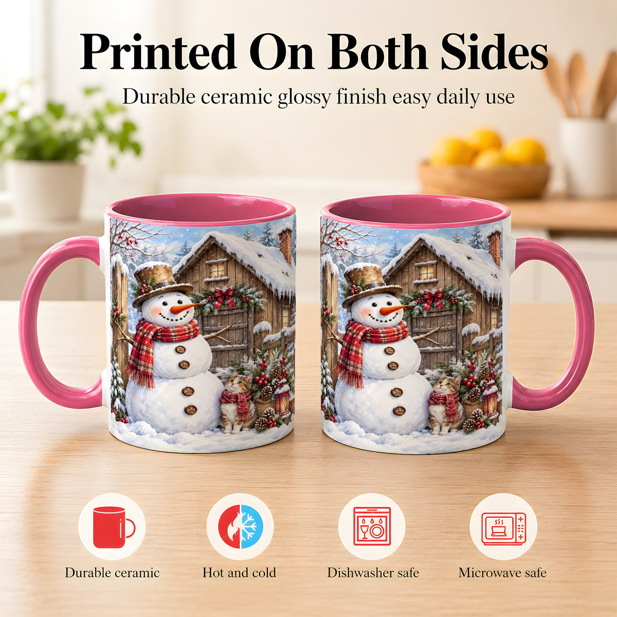 #pl[11oz|Pink] Snowman and Cat Coffee Mug, Cozy Winter Cabin Mug, Ceramic Cup