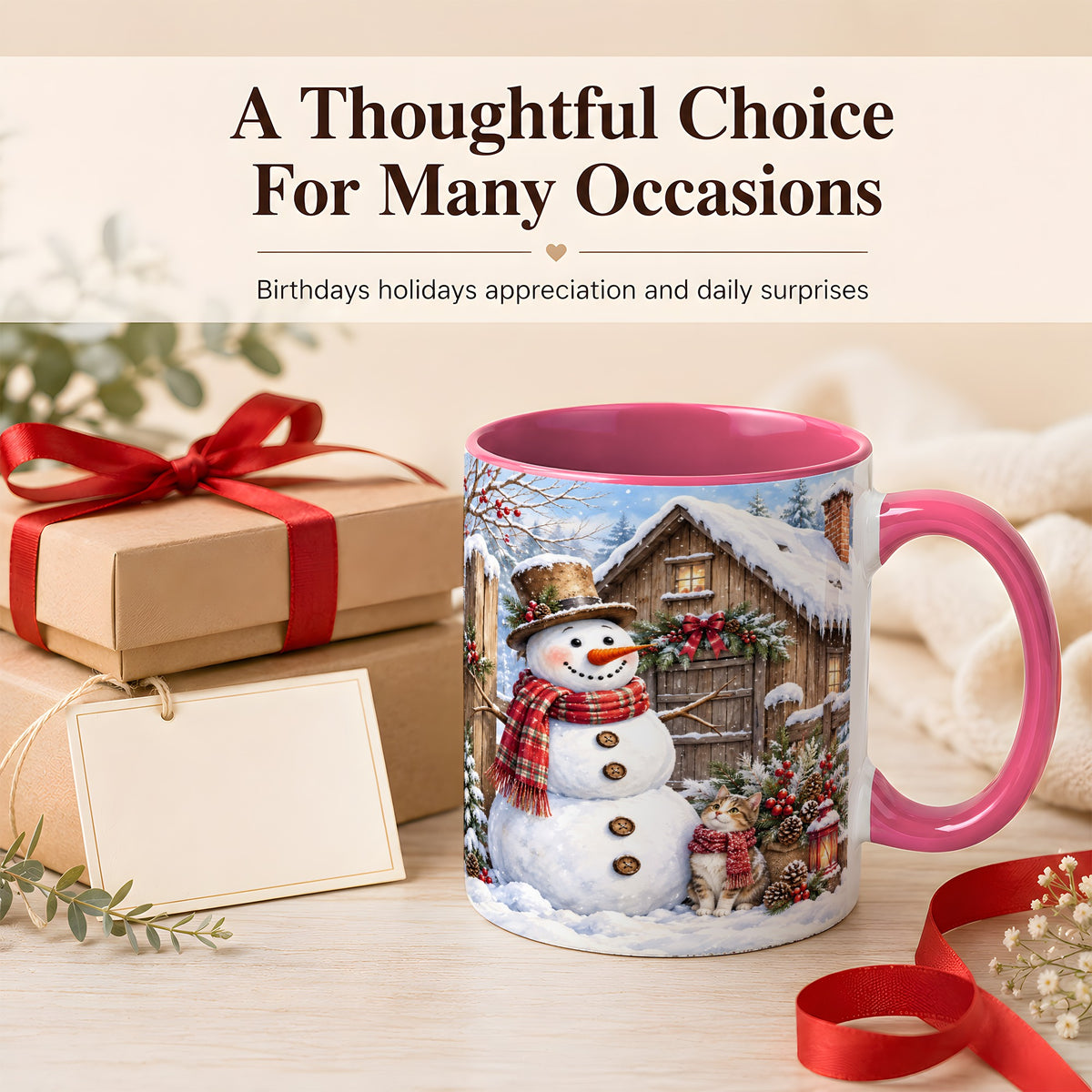 #pl[11oz|Pink] Snowman and Cat Coffee Mug, Cozy Winter Cabin Mug, Ceramic Cup