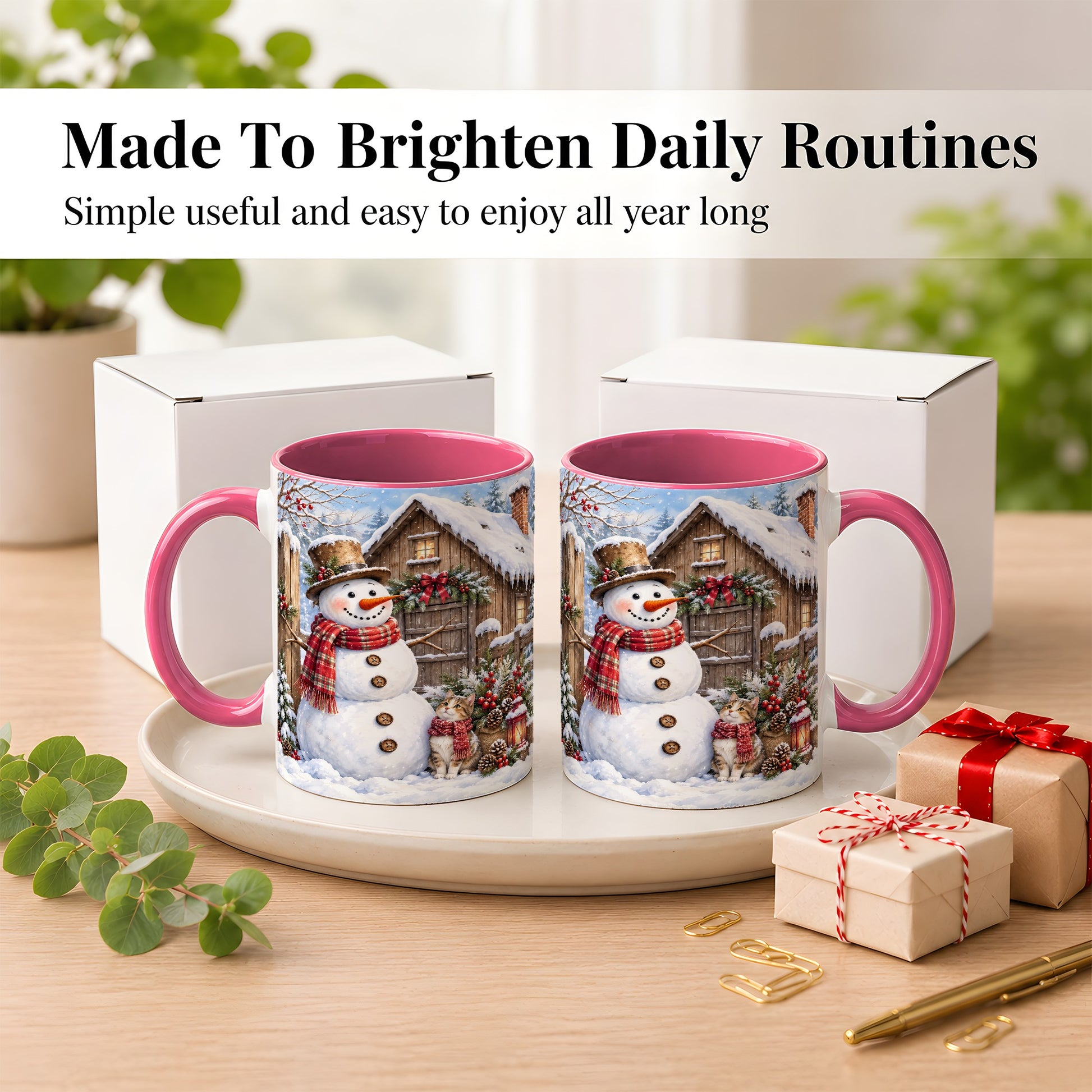 #pl[11oz|Pink] Snowman and Cat Coffee Mug, Cozy Winter Cabin Mug, Ceramic Cup