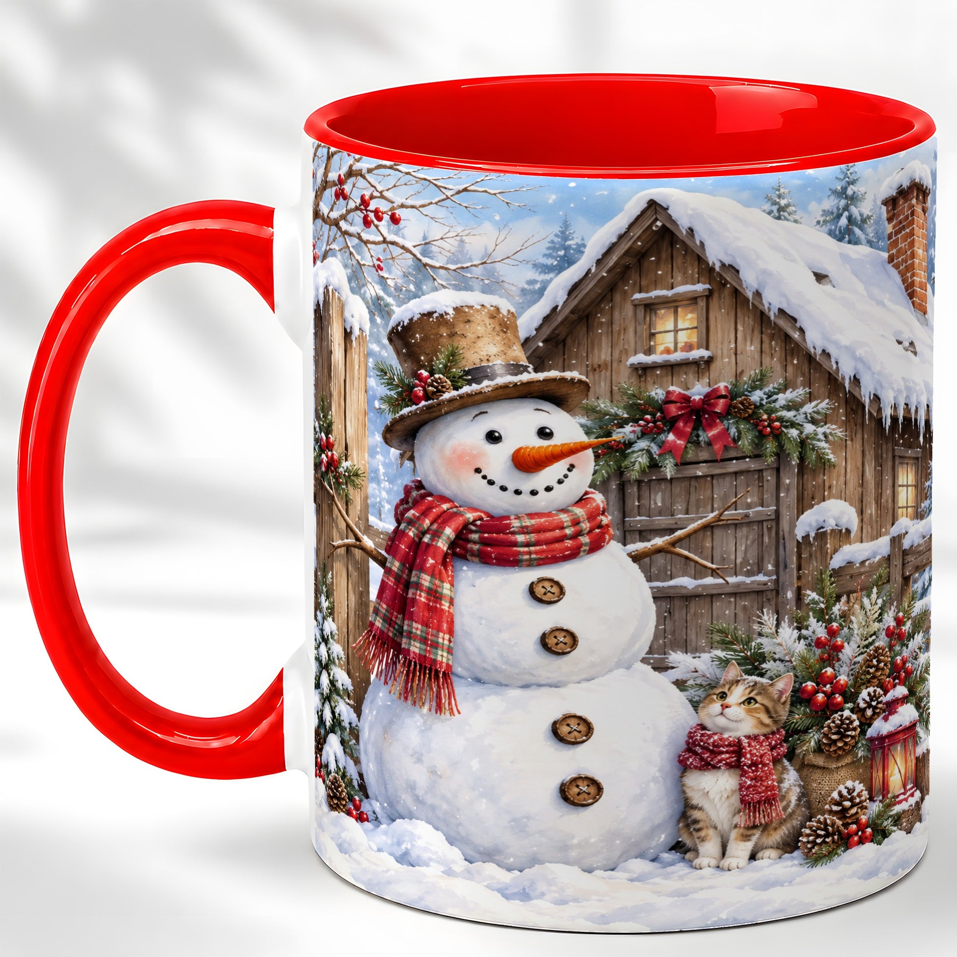 Snowman and Cat Coffee Mug, Cozy Winter Cabin Mug, Ceramic Cup