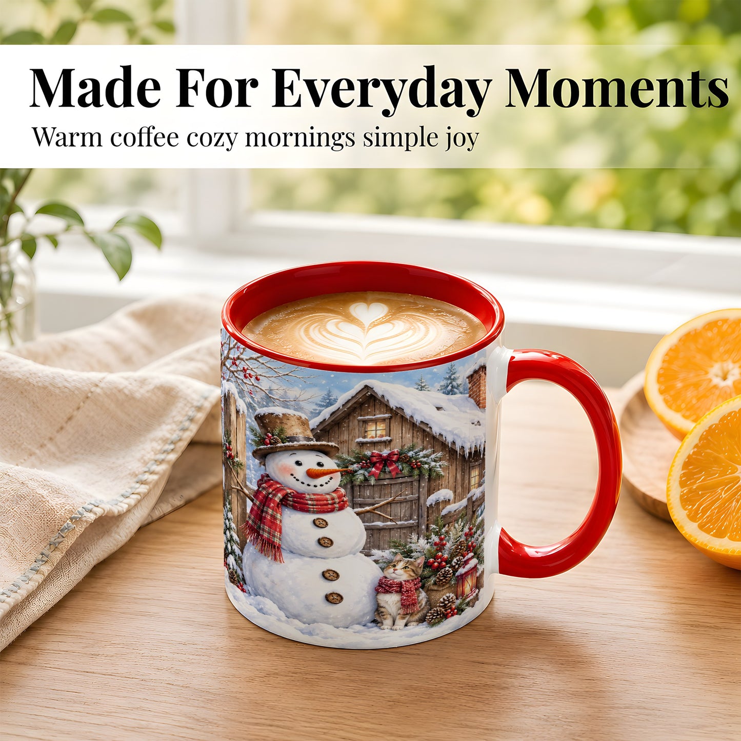#pl[11oz|Red] Snowman and Cat Coffee Mug, Cozy Winter Cabin Mug, Ceramic Cup
