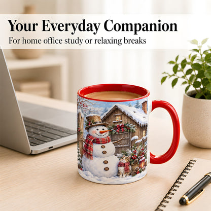 #pl[11oz|Red] Snowman and Cat Coffee Mug, Cozy Winter Cabin Mug, Ceramic Cup