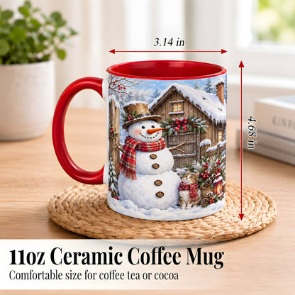 #pl[11oz|Red] Snowman and Cat Coffee Mug, Cozy Winter Cabin Mug, Ceramic Cup