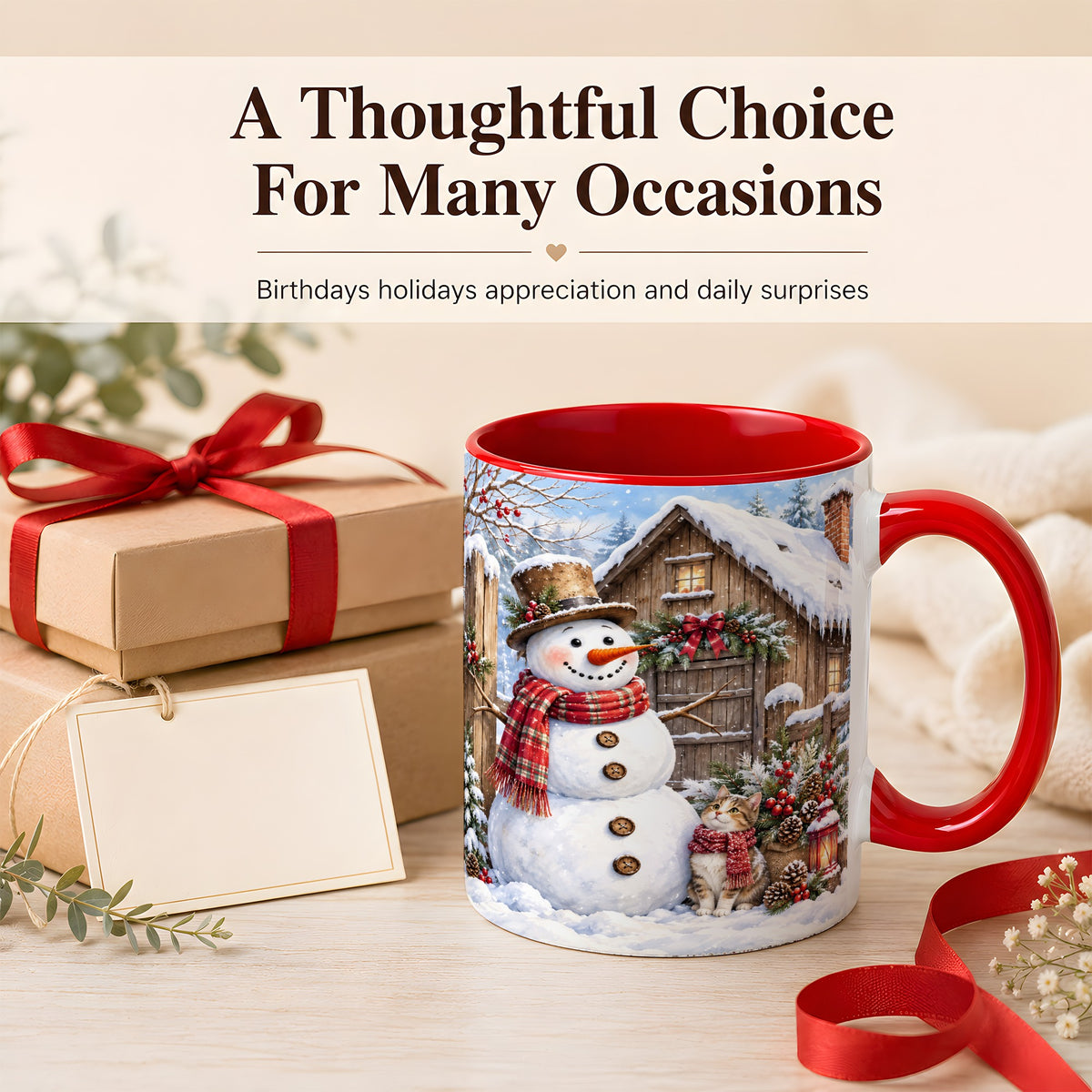 #pl[11oz|Red] Snowman and Cat Coffee Mug, Cozy Winter Cabin Mug, Ceramic Cup