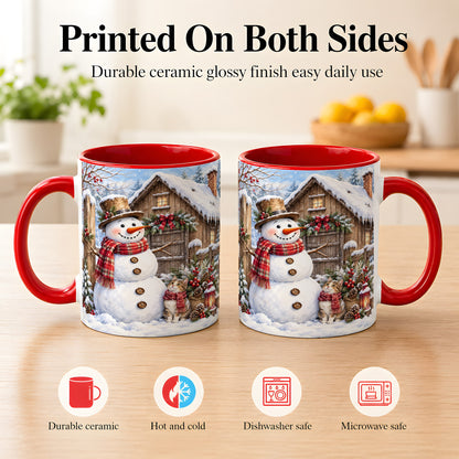 #pl[11oz|Red] Snowman and Cat Coffee Mug, Cozy Winter Cabin Mug, Ceramic Cup
