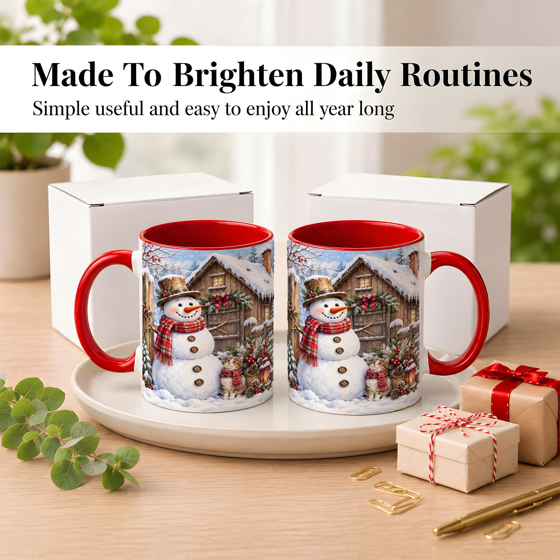 #pl[11oz|Red] Snowman and Cat Coffee Mug, Cozy Winter Cabin Mug, Ceramic Cup