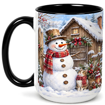 #pl[15oz|Black] Snowman and Cat Coffee Mug, Cozy Winter Cabin Mug, Ceramic Cup