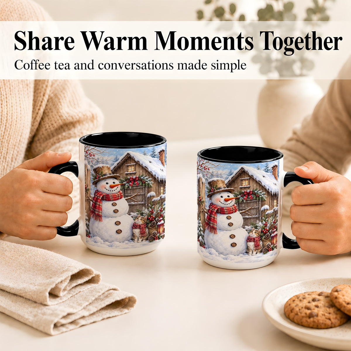 #pl[15oz|Black] Snowman and Cat Coffee Mug, Cozy Winter Cabin Mug, Ceramic Cup