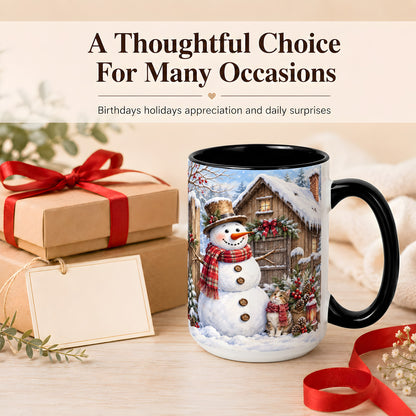 #pl[15oz|Black] Snowman and Cat Coffee Mug, Cozy Winter Cabin Mug, Ceramic Cup