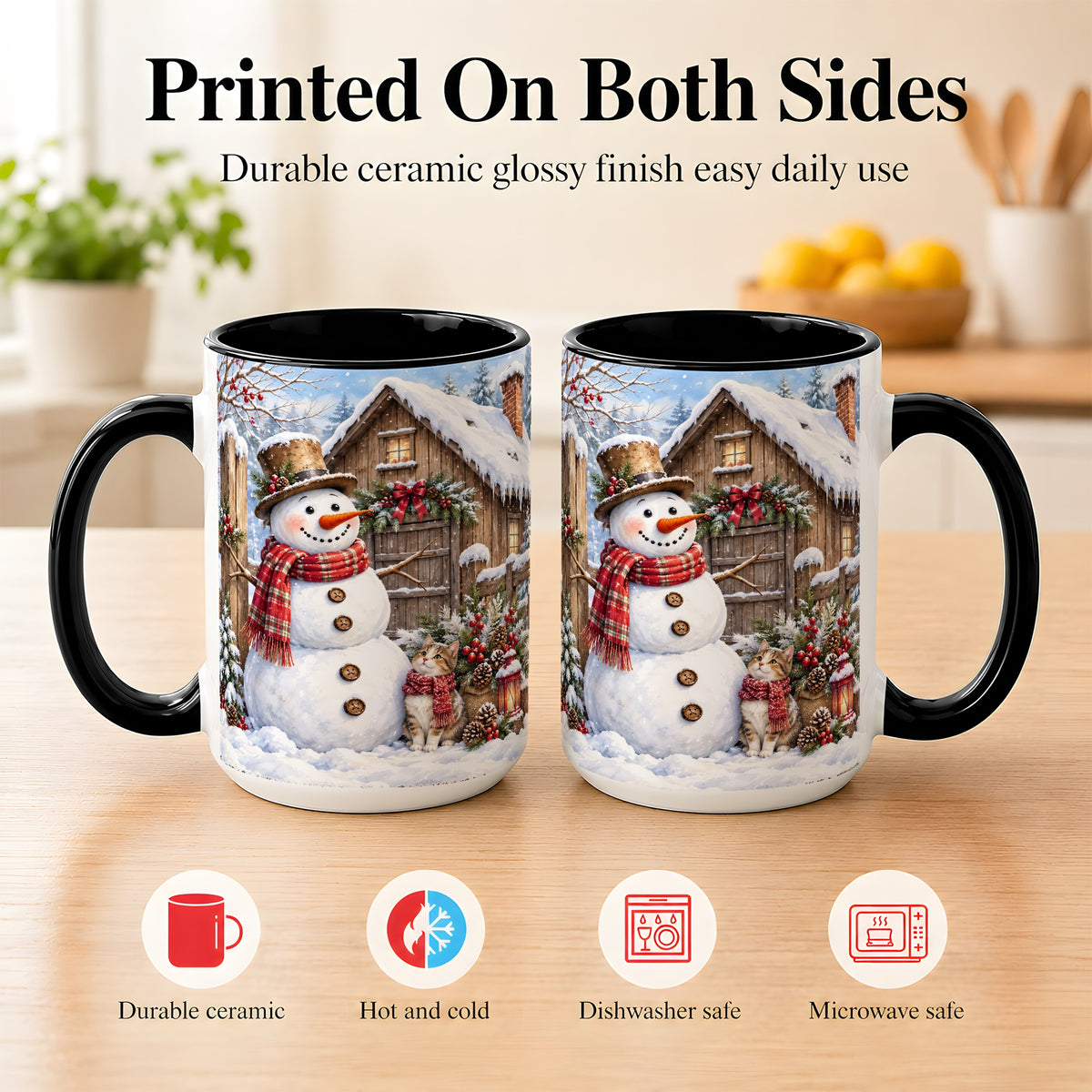 #pl[15oz|Black] Snowman and Cat Coffee Mug, Cozy Winter Cabin Mug, Ceramic Cup