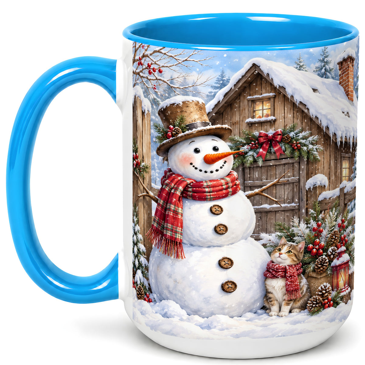 #pl[15oz|Blue] Snowman and Cat Coffee Mug, Cozy Winter Cabin Mug, Ceramic Cup